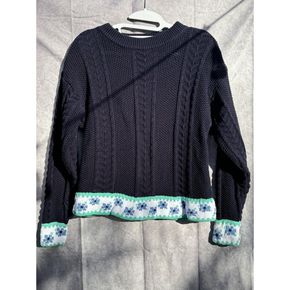 VTG Birch Bros Eagles Eye Hand Knit Sweater Cable Knit  Women Medium Navy Floral